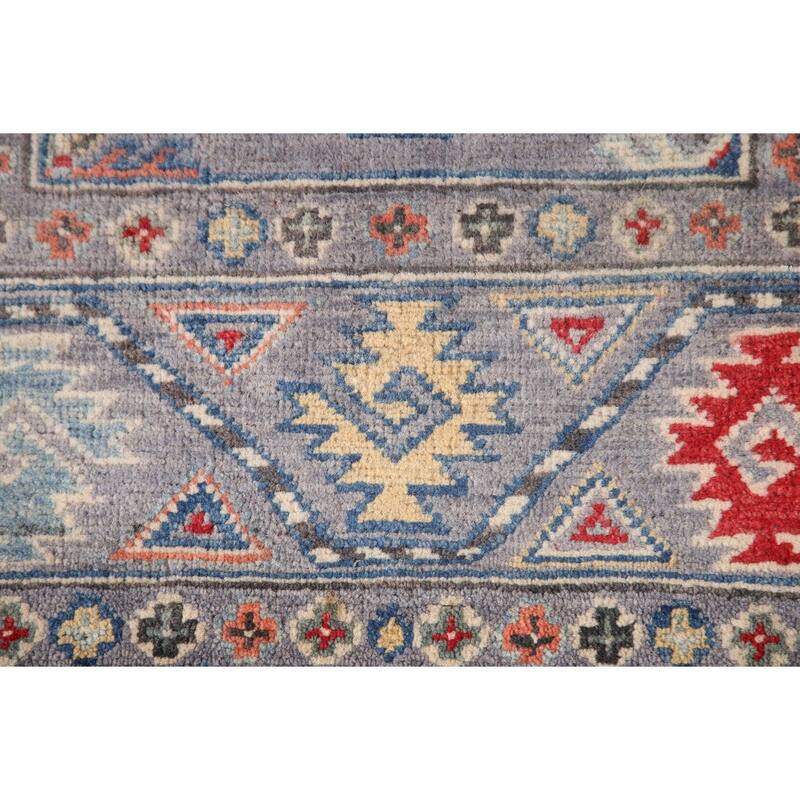 Geometric Gray Kazak Runner Rug Handmade Wool Carpet - 2'8" x 8'3"