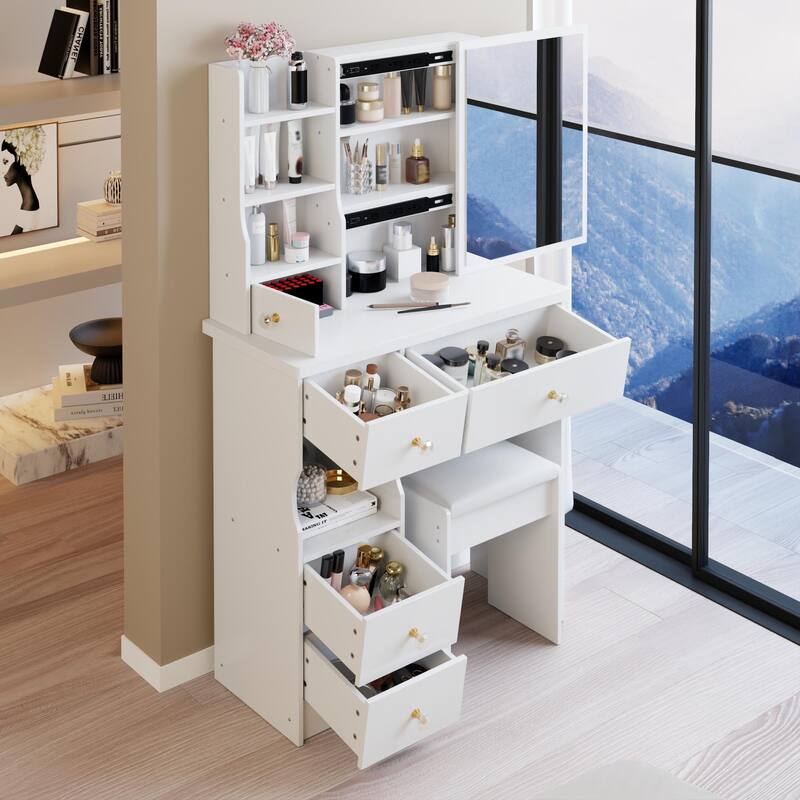 Anmytek Small Space 29.2 Inch Vanity Table with Extra Large Sliding Mirror Left Drawer Multi Layer Storage and Cushioned Stool