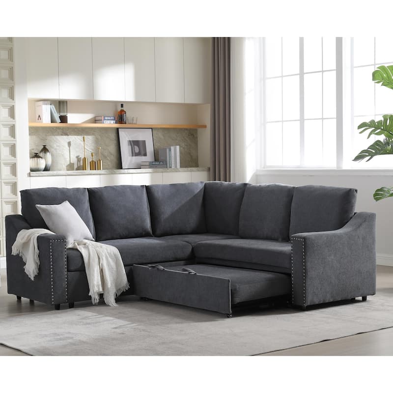 Corner Sleeper Sofa with Pull-Out Bed, Chenille Fabric, L-Shaped Design