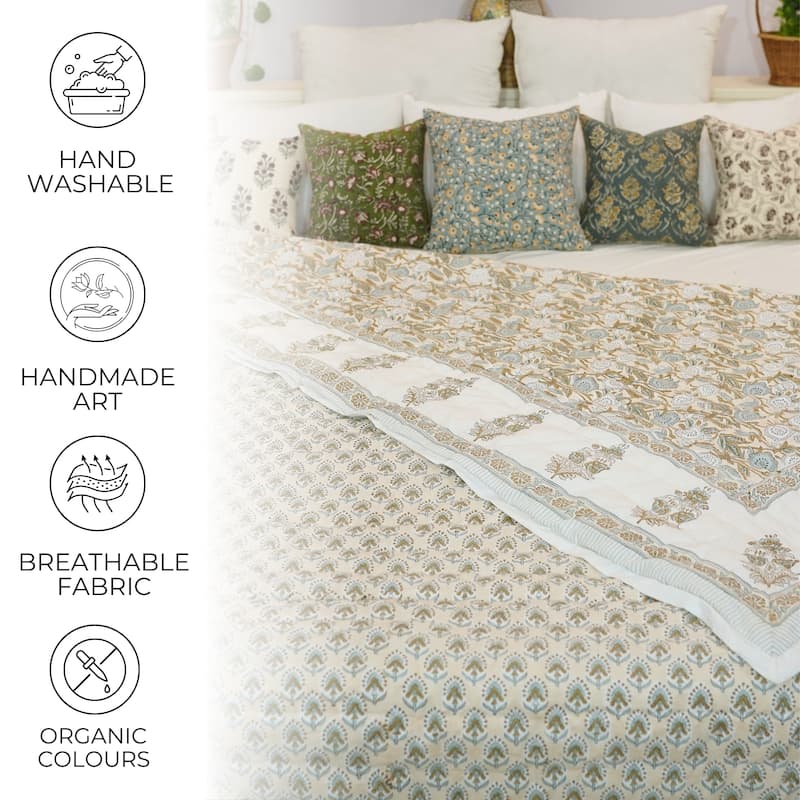 Fabdivine Cotton Quilt HandBlock Printed Vegetable Dye Brown Floral Sustainable EcoFriendly Reversible Bedspread Artisan Bedding