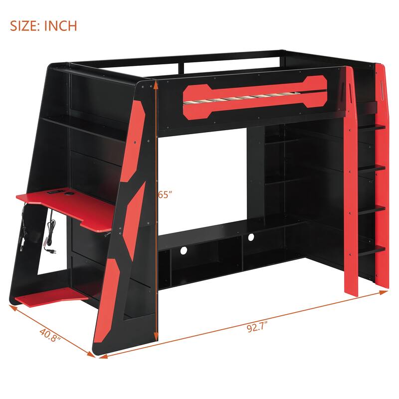 Twin Loft Bed with Esports Desk, RGB Lighting, and Gaming Storage Shelves