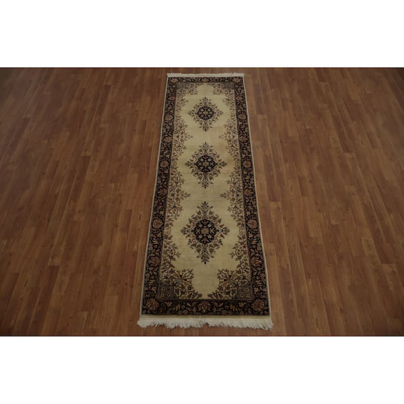 Hand Knotted Oriental 100% Wool Carpet Traditional Floral Beige & Ivories Peshawar Runner Rug - 8' 0'' X 2' 7''