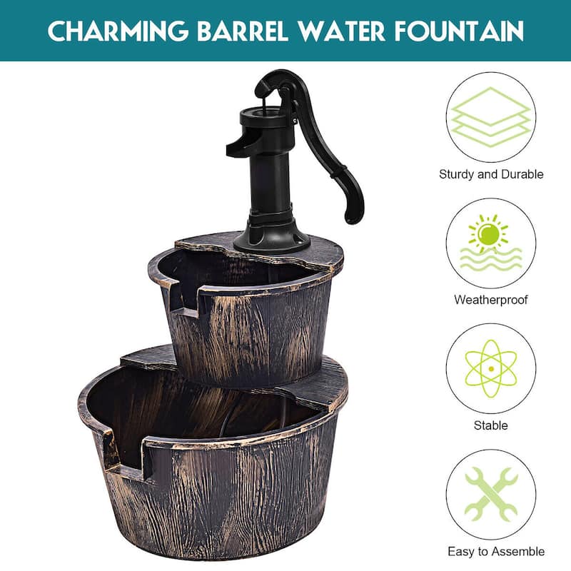 2 Tier Patio Barrel Waterfall Fountain Water Fountain Barrel with Pump