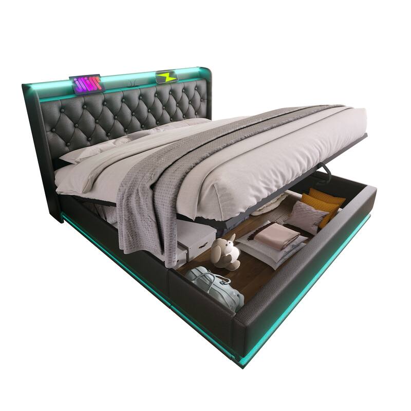 King size Upholstered bed, 360 surround LED function, Buttons/Apps/Remote Control, hydraulic storage bed