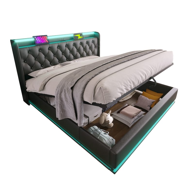 Queen Size Platform Bed Underbed Storage Bed with Wingback Tufted Headboard, USB and 360 Surround LED Strip, PU Upholstered