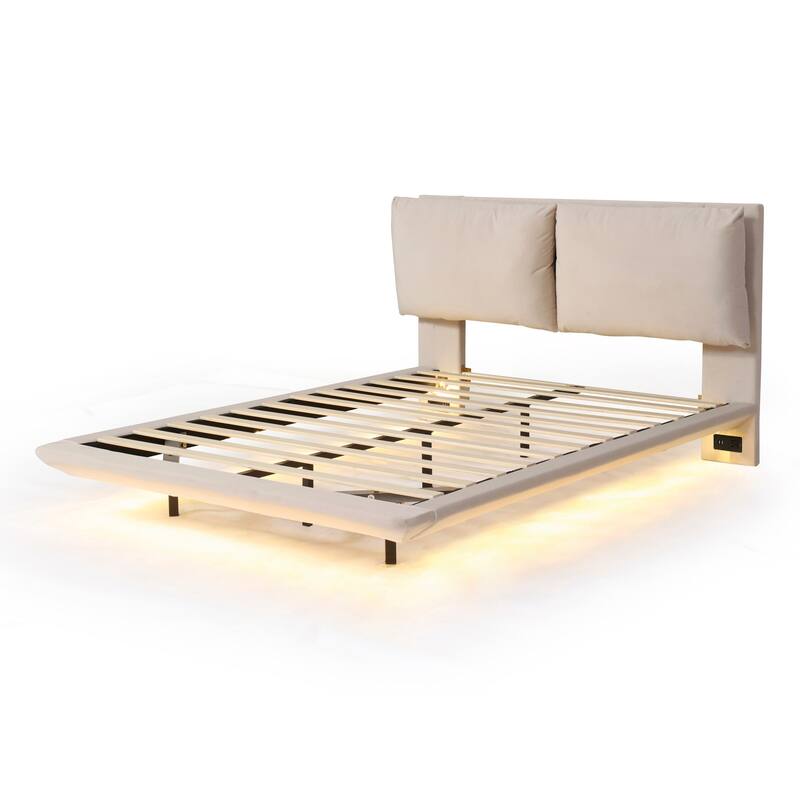 Upholstered Platform Bed w/ Sensor Light & Backrests, 2 Sets of Socket