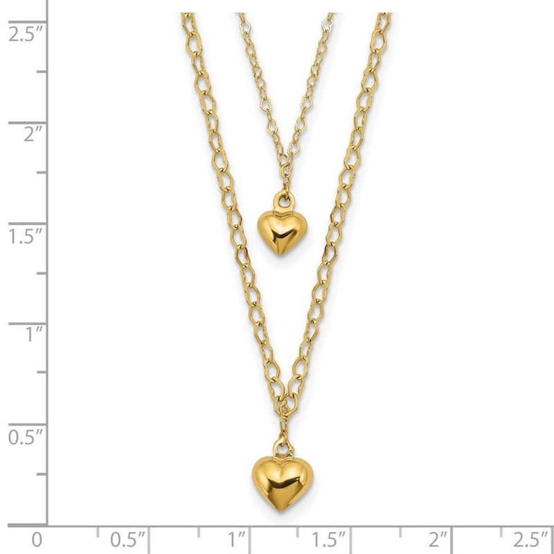 Curata 14k Yellow Gold Double Strand Puffed Polished Hearts Necklace, 16+2"