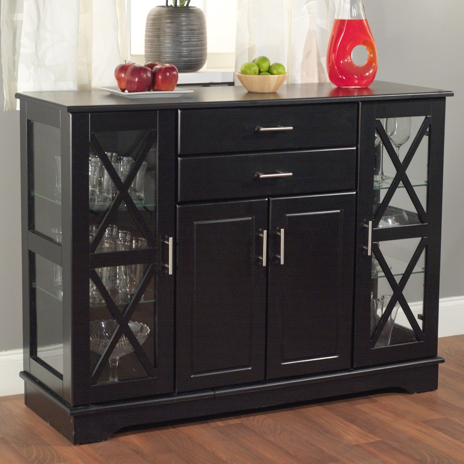 Shop Black Wood Buffet Dining Room Sideboard With Glass Doors On