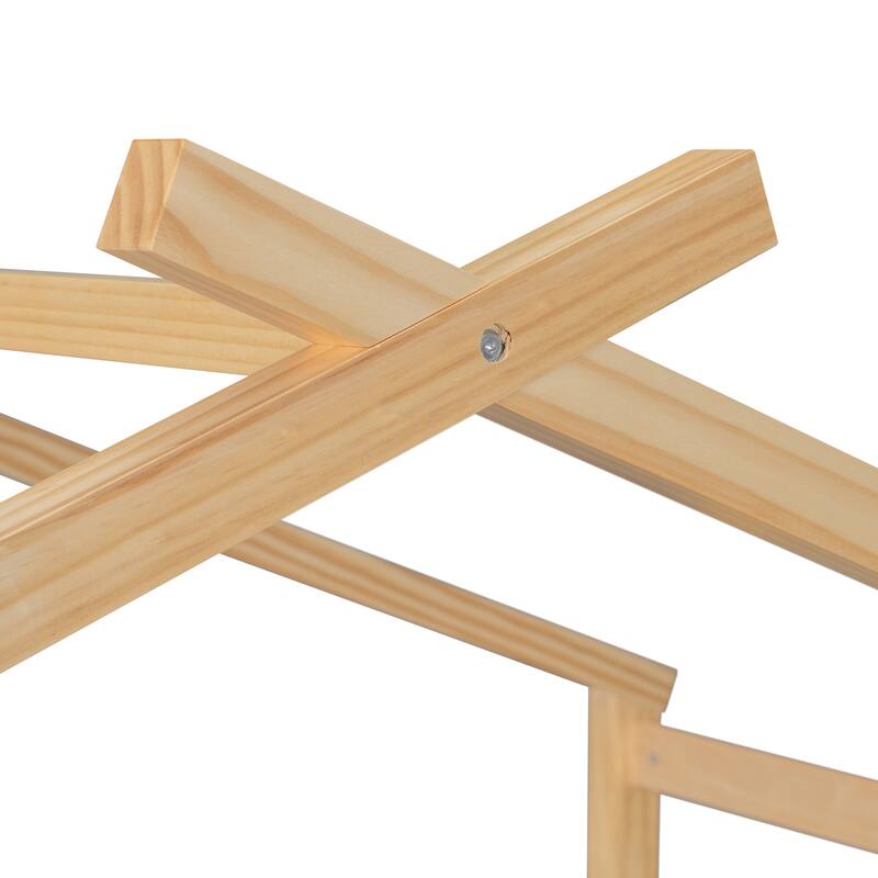 Solid Wood House Platform Bed Frame with Trundle Bed and Roof