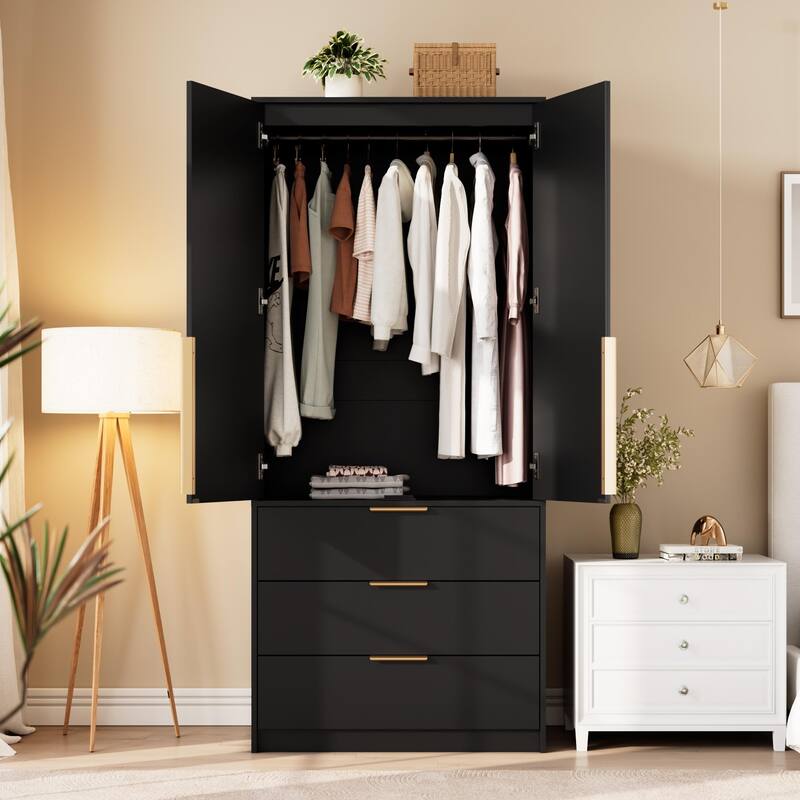 69.5" Armoire Wardrobe Closet with Rattan Doors, 3 Drawers & Hanging Rod, Wooden Storage Cabinet for Bedroom