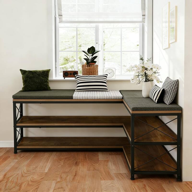 39.4" L-Shaped Shoe Rack Bench, 3-Tier Entryway Corner Bench with Shoe Storage