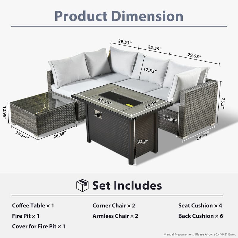 HOOOWOOO 6-piece Patio Rattan Sectional Set with Fire Pit Table