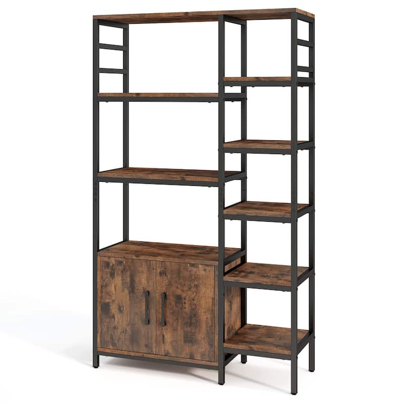 Rustic Brown Metal and Wood 8-Tier Bookshelf with Cabinet and Anti-Tip Kits - 32.5" L x 12" W x 55.5" H - Rustic Brown-Black