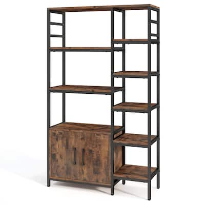 Rustic Brown Metal and Wood 8-Tier Bookshelf with Cabinet and Anti-Tip Kits - 32.5" L x 12" W x 55.5" H