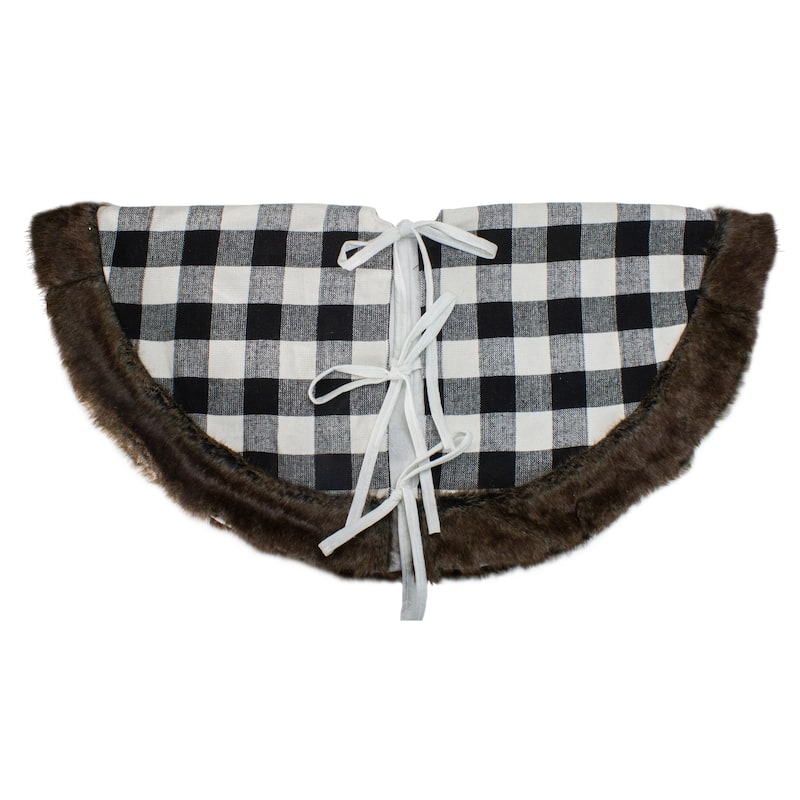 48" Black and White Buffalo Plaid Christmas Tree Skirt with Burlap Snowflake - 48
