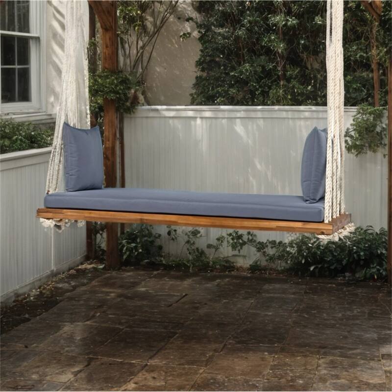 Patio Wood Hanging Swing Bench with Cushion and Pillows