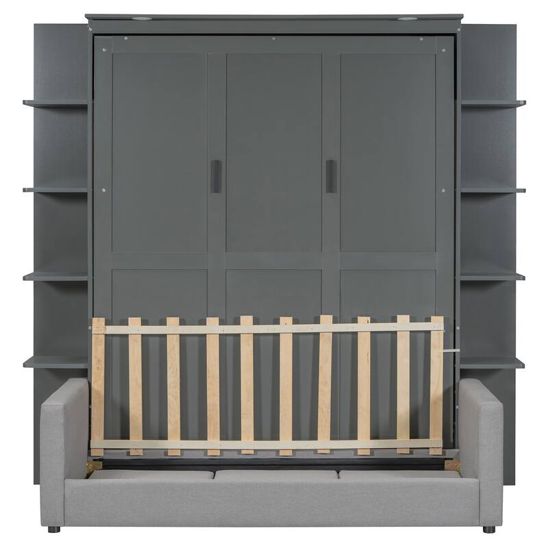 Queen Murphy Wall Bed with Built-In Sofa, Fold-Away Design, and Storage Cabinet for Space-Saving Living Spaces