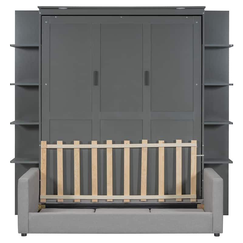 Queen Size Murphy Bed with Sofa, LED Lights & Shelves