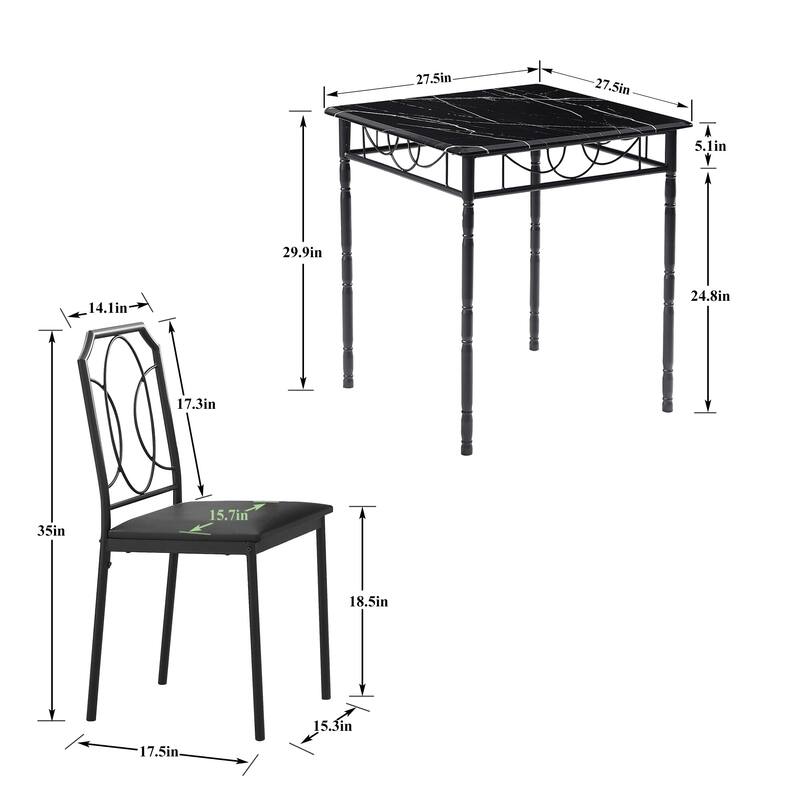 VECELO Industrial 3-Piece Space-Saving Square Dining Set MDF Table with Black PU Leather Dining Chairs Small Spaces