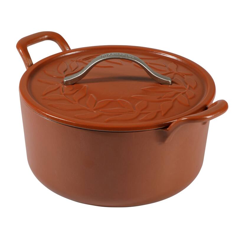 Bloomhouse 7 Qt Cast Iron Dutch Oven W/ Embossed Lid, European Matte Enamel, & Olive Wood Trivet
