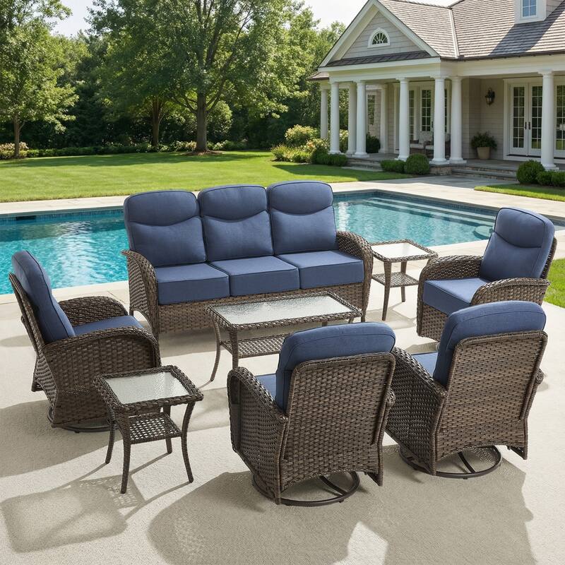 Pocassy Outdoor Wicker Patio Sofa with Swivel Chair Ottoman Sets - Brown Wicker Blue Cushion - 8-Piece Sofa Swivel Chair with Table
