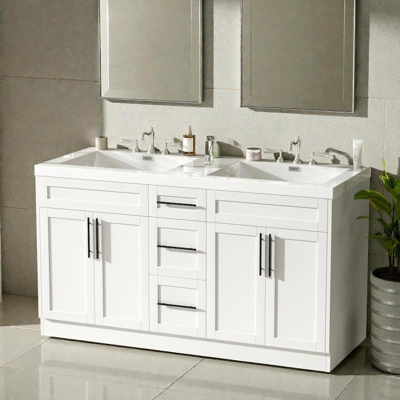 59.3" Double Sink Bathroom Vanity with SMC Top, MDF Cabinet with Solid Wood Frame & Soft-Close Doors