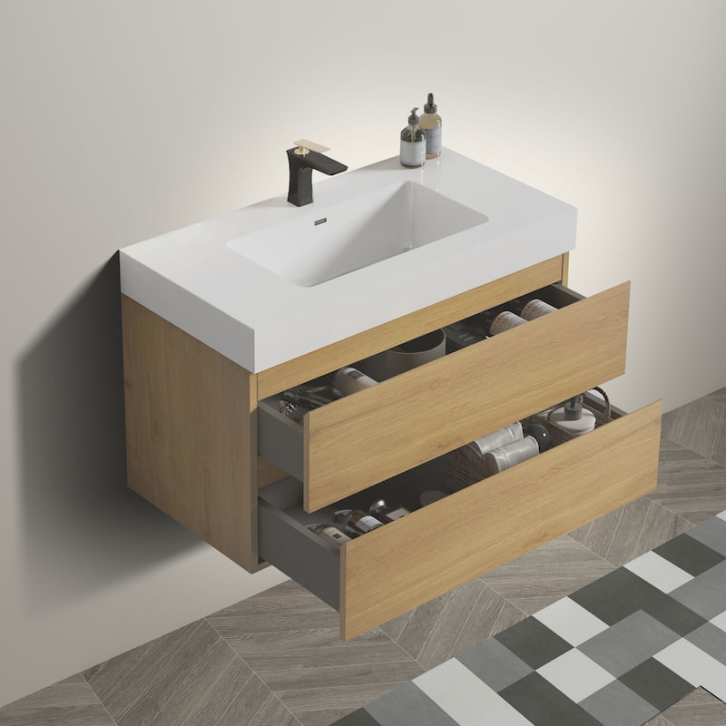 36" Bathroom Vanity with Black Sink,Wall Mounted Floating Bathroom Vanity, One-Piece Black Sink Basin without Drain and Faucet