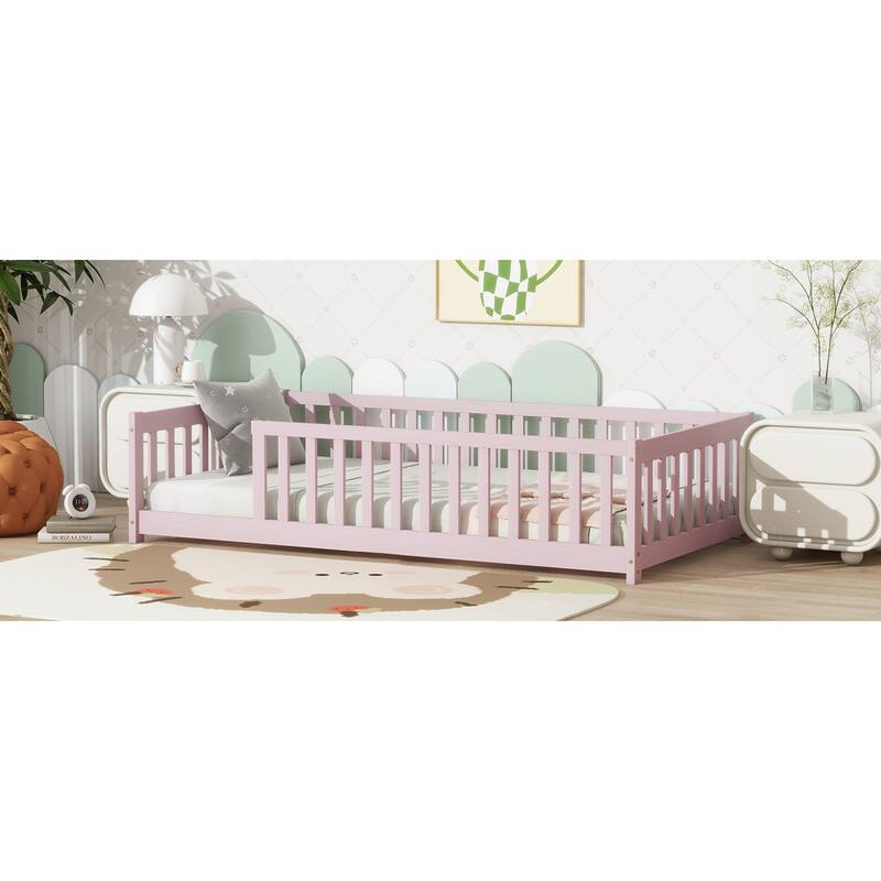 Roomfitters Twin Rubber Wood Floor Bed with Fence, Safety Guardrails, Low Profile Platform Design