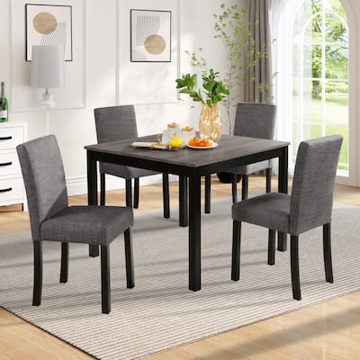 5 Piece Dining Table and Chair Set, Wooden Kitchen Furniture Set with Square Dining Table and 4 Upholstered Chairs