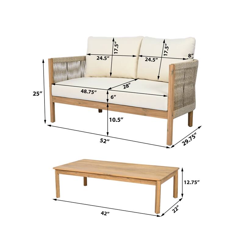 Christopher Knight Home - Rowan 2-Piece Outdoor Acacia Wood Loveseat Set with Woven Rope Accents & Coffee Table