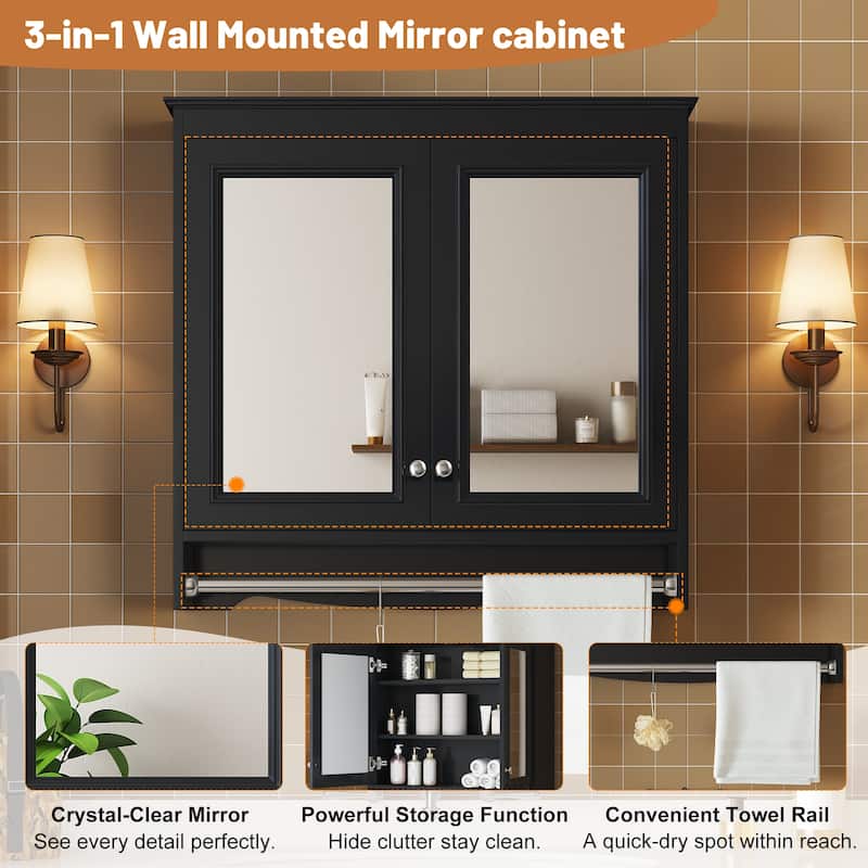 30" 3-in-1 Bathroom Mirror Medicine Cabinet - Wall Mounted with Adjustable Shelves, Soft Close Doors & High-Define Mirror