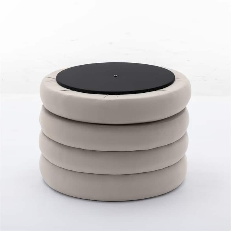 Fabric Storage Round Ottoman Footstool with Wooden Shelving