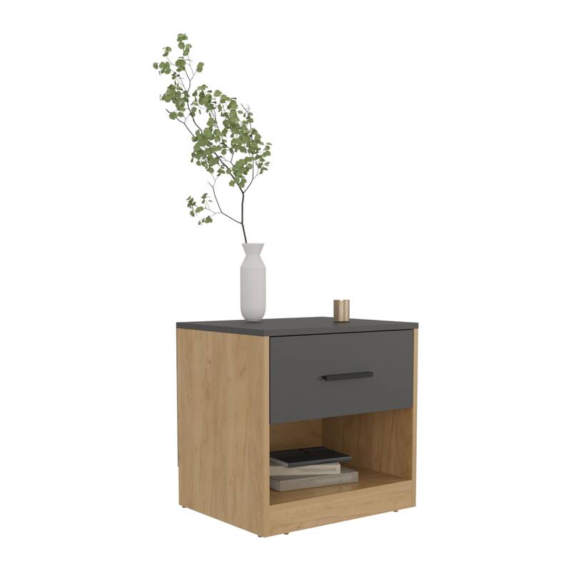 Modern Nightstand with Door and Shelf, Natural Oak and Gray Finish