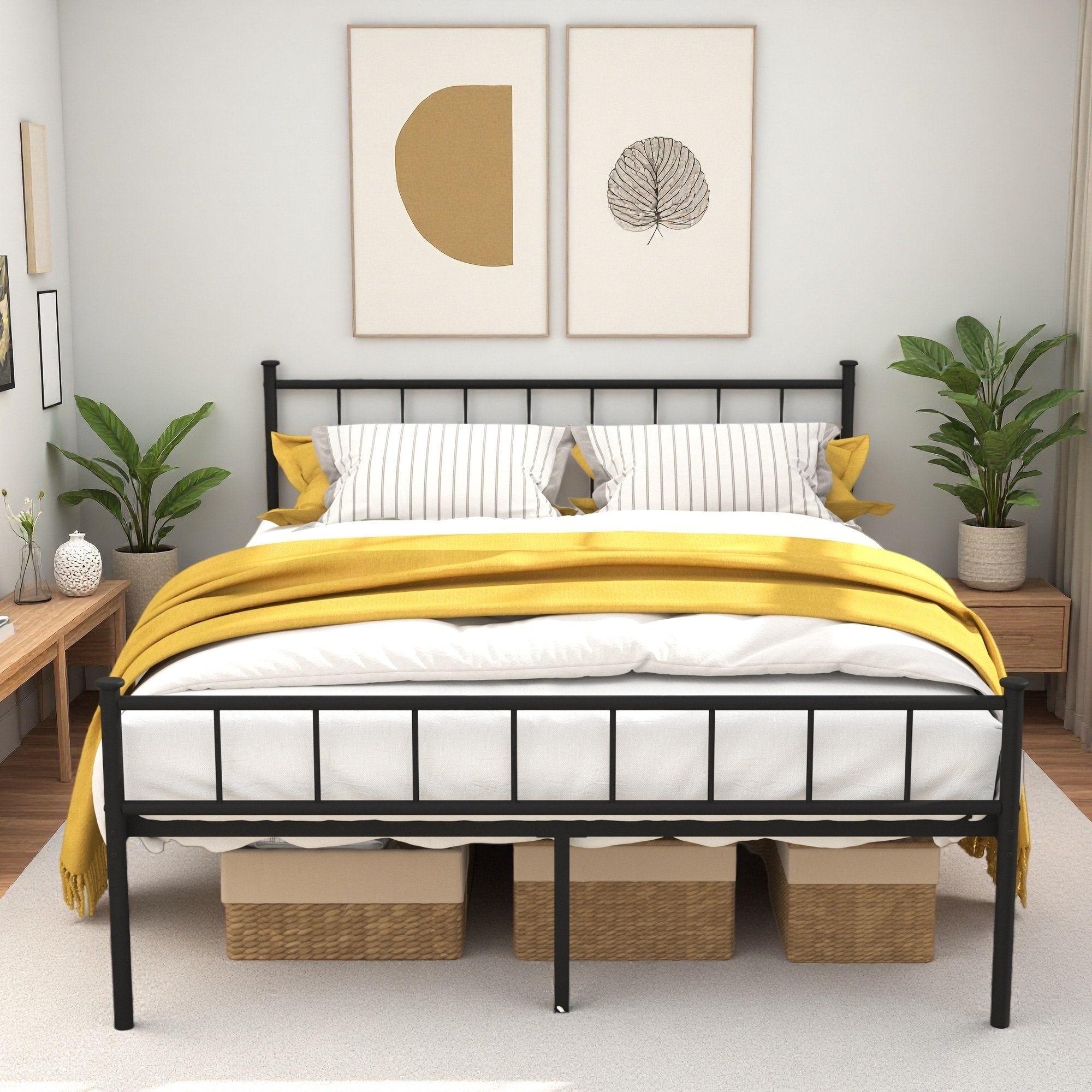 Metal Platform Bed Frame with Headboard, Footboard, Under-Bed Storage, and No Box Spring Needed