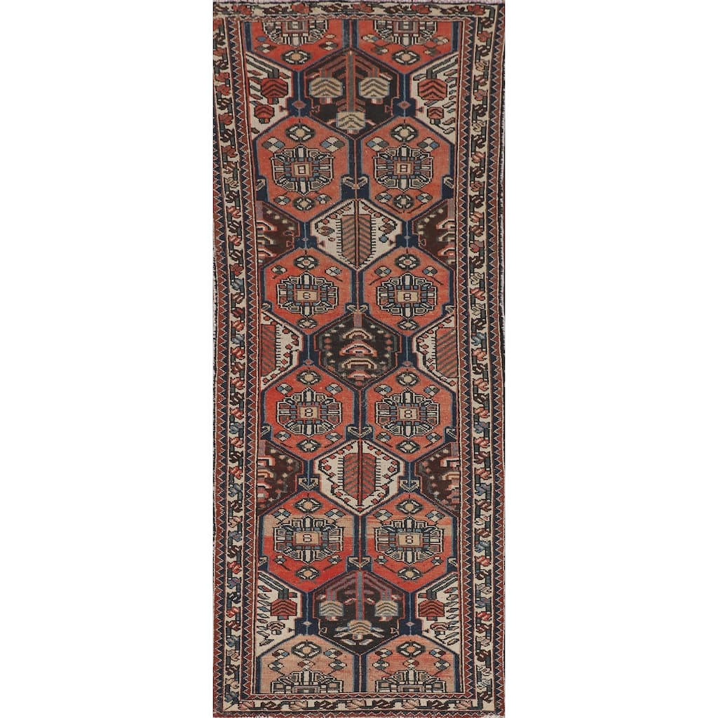 Tribal Orange Hamedan Persian Vintage Runner Rug Handmade Wool Carpet - 3'3" x 9'4"