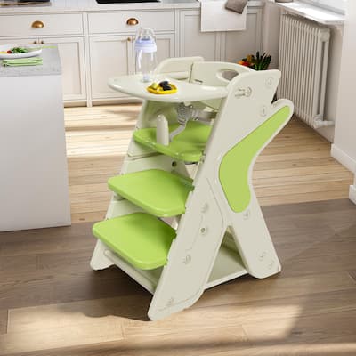 Multi Functional Growing Up Dining Chair,Adjustable Height Toddler Tower,Five-Point Seat Belts And A Movable Large Dinner Plate