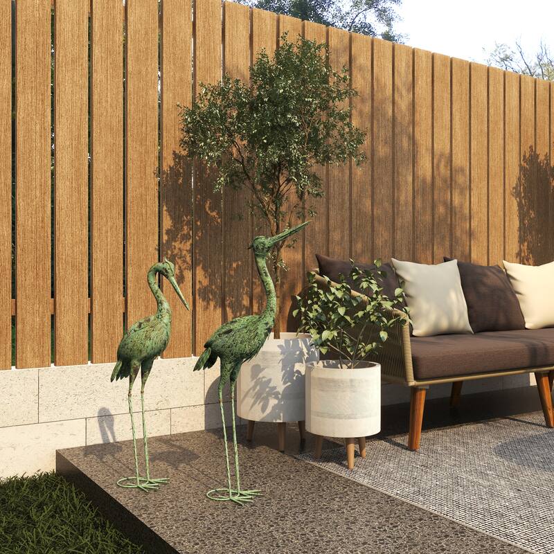 Metal Crane Indoor Outdoor Decorative Garden Sculpture with Coiled U Shaped Feet - Set of 2 Green - Roche River Decor