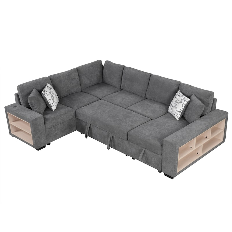 Grey 109" U-Shaped 6-Seat Sectional Sofa with Pull-Out Bed, Storage Chaise, 4 Back Pillows, and USB Ports