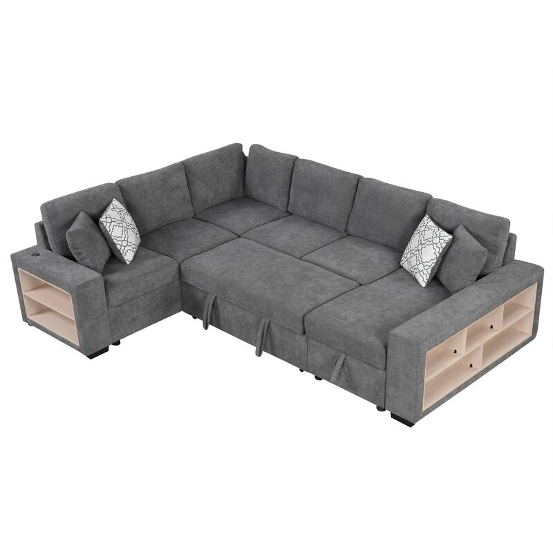 Grey 109" U-Shaped 6 Seater Sectional Sofa with Pull-Out Bed, Storage Chaise Lounge, 4 Back Pillows, and USB Charging Ports