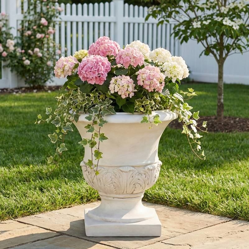 Christopher Knight Home - Classical 18.31"H Outdoor Pedestal Urn Planter with Acanthus Leaf Design - Antique White
