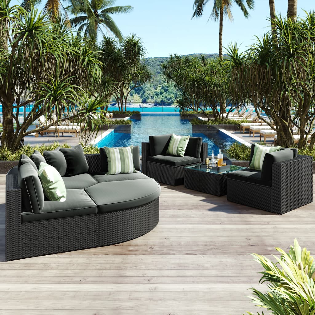 Roomfitters 7-Piece Outdoor Wicker Sofa Set, Rattan Patio Lounger with Striped Green Pillows, Conversation Set, Gray