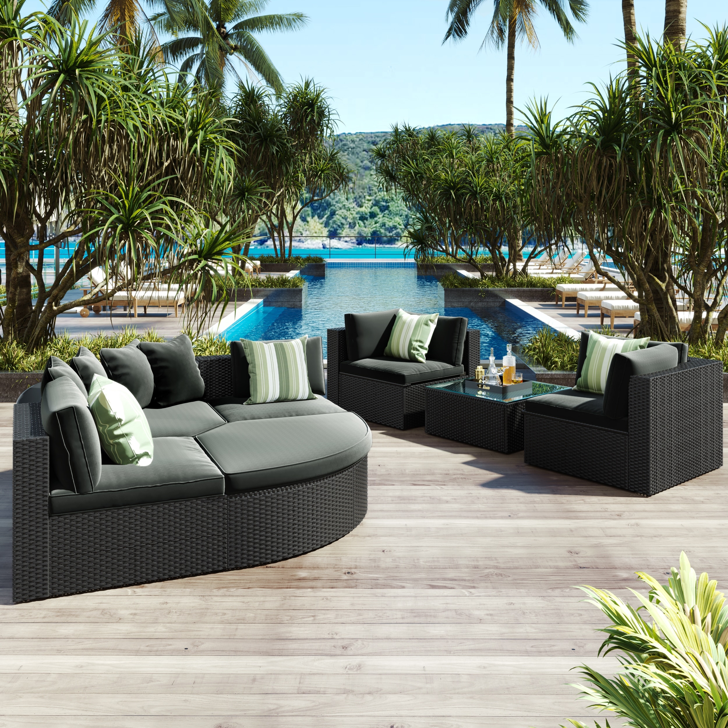 Roomfitters 7-Piece Outdoor Wicker Sofa Set, Rattan Patio Lounger with Striped Green Pillows, Conversation Set, Gray