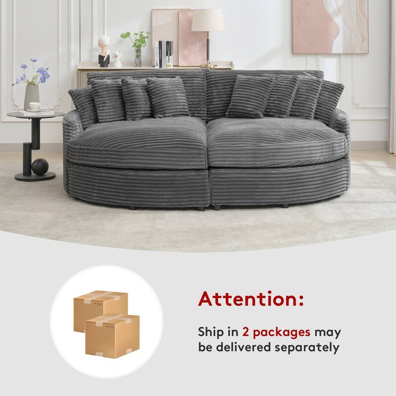 Oversized Fan-shaped Corduroy Couch, 2-piece Sectional Sofa with 4 & 8 Throw Pillows