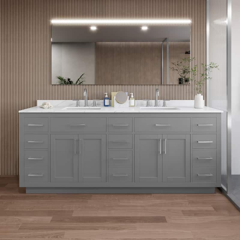 Wyndham Collection WCG262684D-QTZ-US3MXX Beckett TK 84" Free Standing - Dark Gray / Giotto Quartz Top / Brushed Nickel