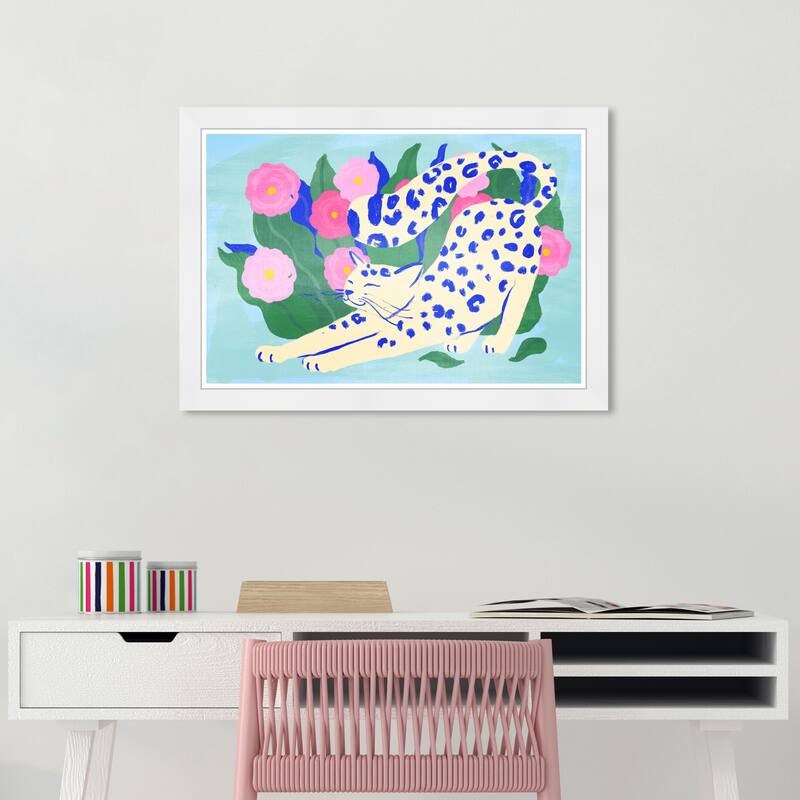 "Cat Yoga", Wild Cat Garden Modern Blue Framed Wall Art Print for Bedroom