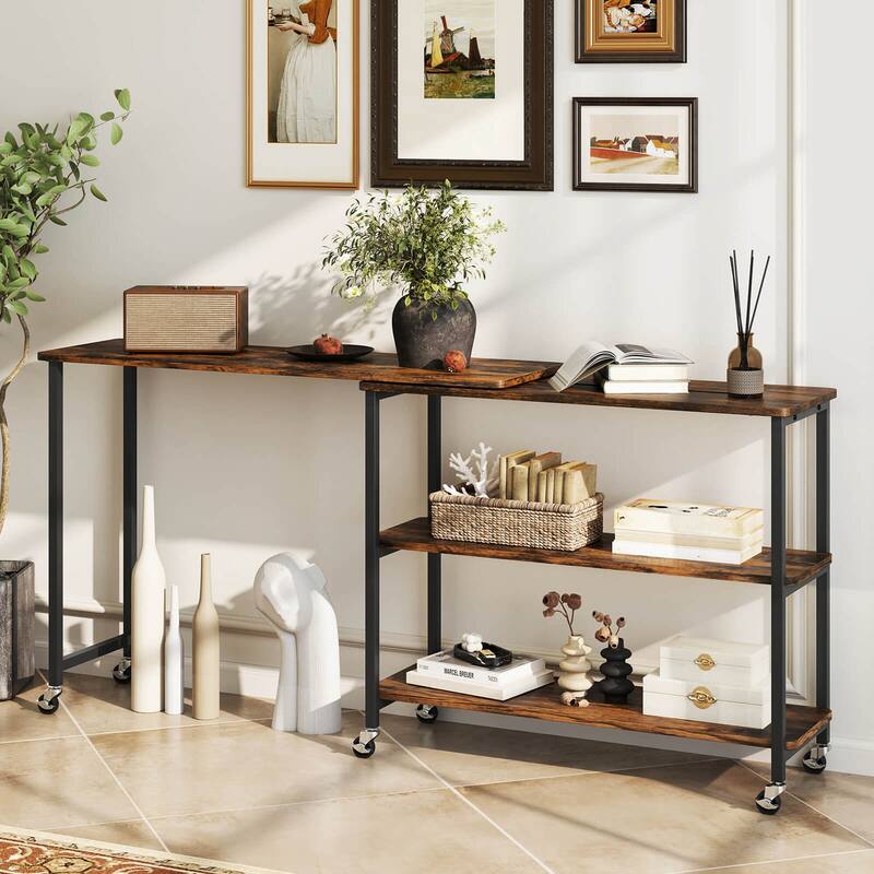 Costway Large 360° Free Rotating Sofa Side Table with Wheels Storage