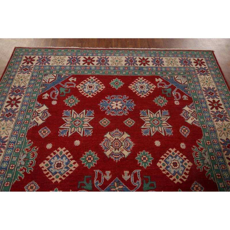 Red Geometric Kazak Oriental Area Rug Hand-Knotted Wool Carpet - 6'8" x 9'7"