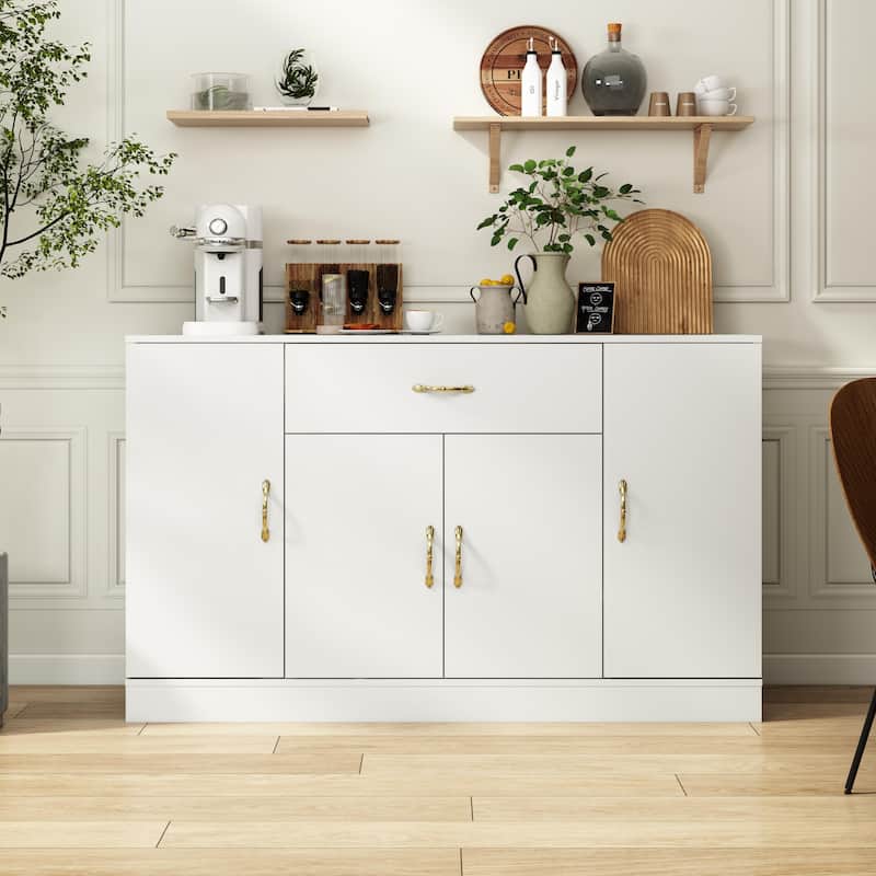 Sideboard Buffet Cabinet with Storage, 4 Doors & 1 Drawer, Modern Coffee Bar for Kitchen & Dining Room - White