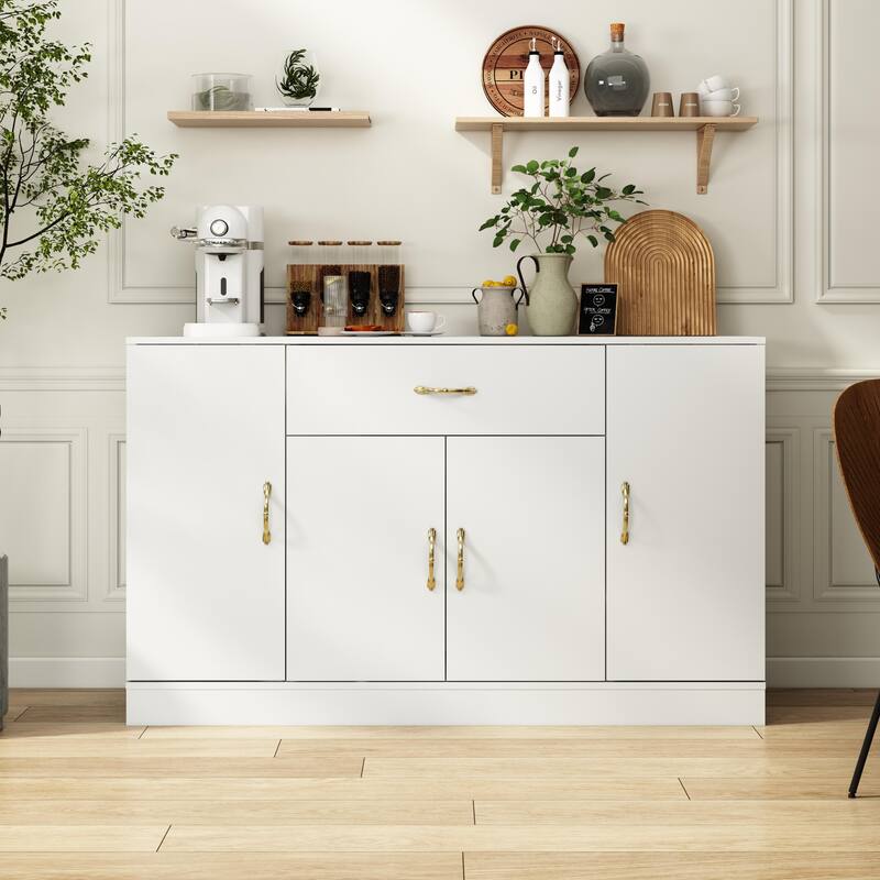 White Buffet Cabinet with Storage, 55" Kitchen Sideboard Buffet with Drawers & 4 Doors, Modern Coffee Bar Cabinet Credenza