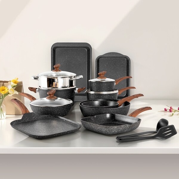 17 Piece Kitchen Granite Cookware Set Non stick Cooking Pots and Pans Set On Sale Bed Bath Beyond 39312182